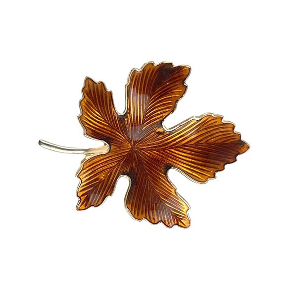 Vintage Brown Enamel Maple Leaf Brooch Pin Gold Tone Metal Elegant Fall Jewelry - Picture 2 of 6